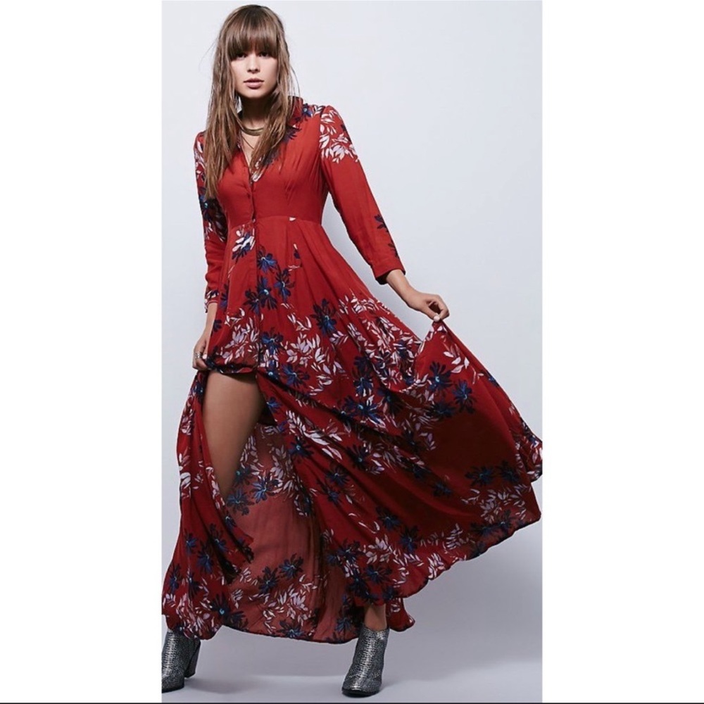 NEW Free People After the Storm Maxi Shirt-Dress in Red